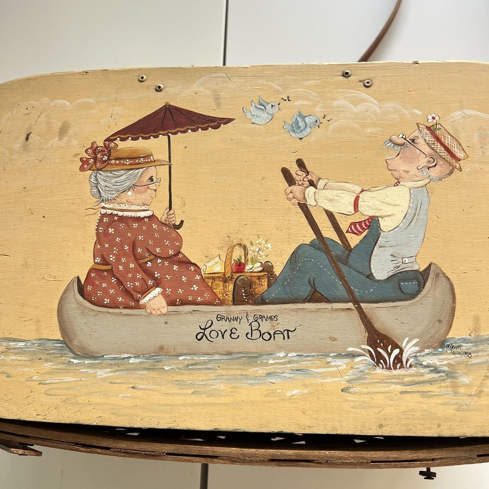 VTG Wooden Woven Wicker Picnic‎ Basket Hand painted Love Boat Scene 12x20